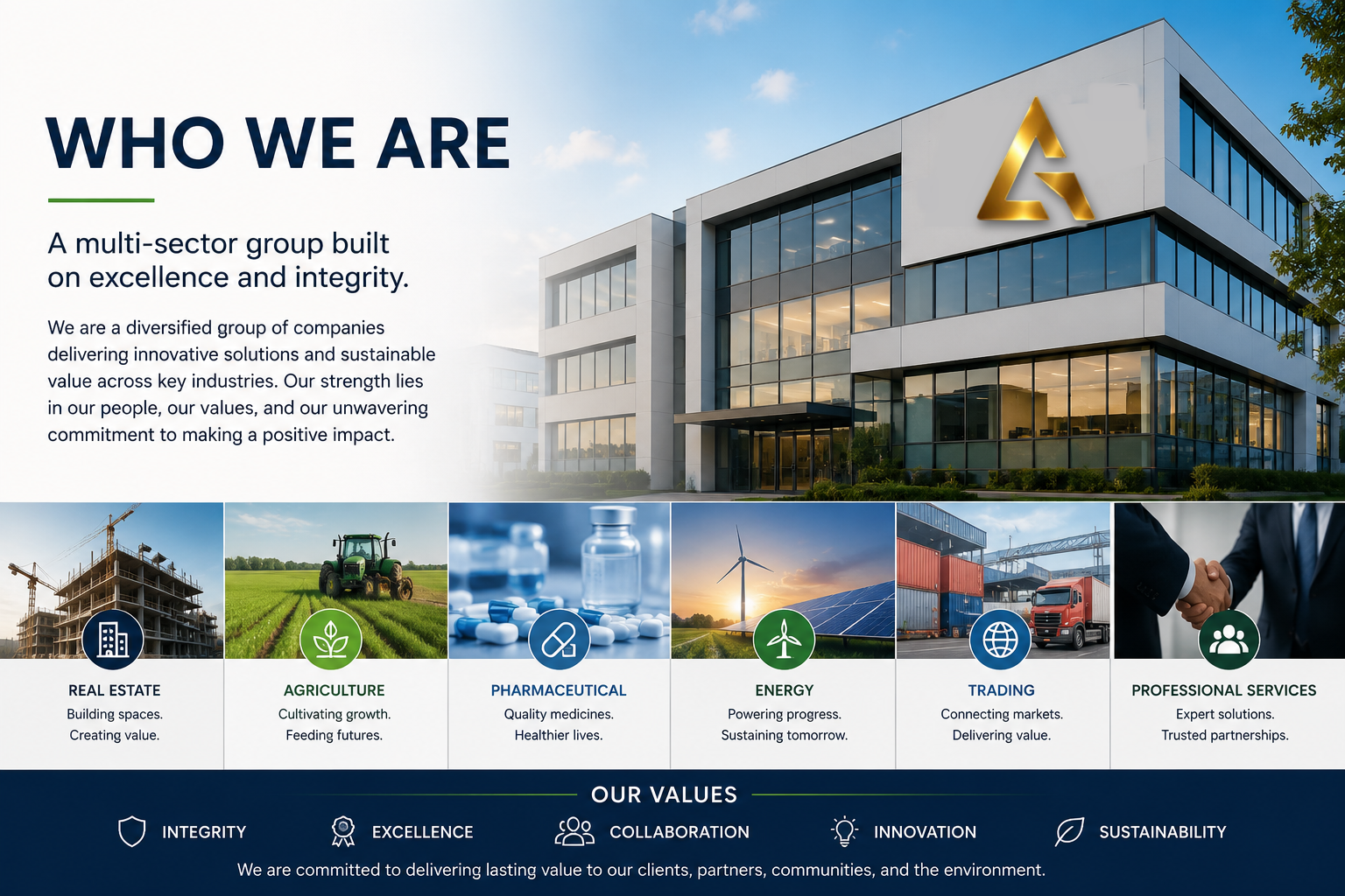 The ACAS Group headquarters building, with an overview of the Group's sectors and core values