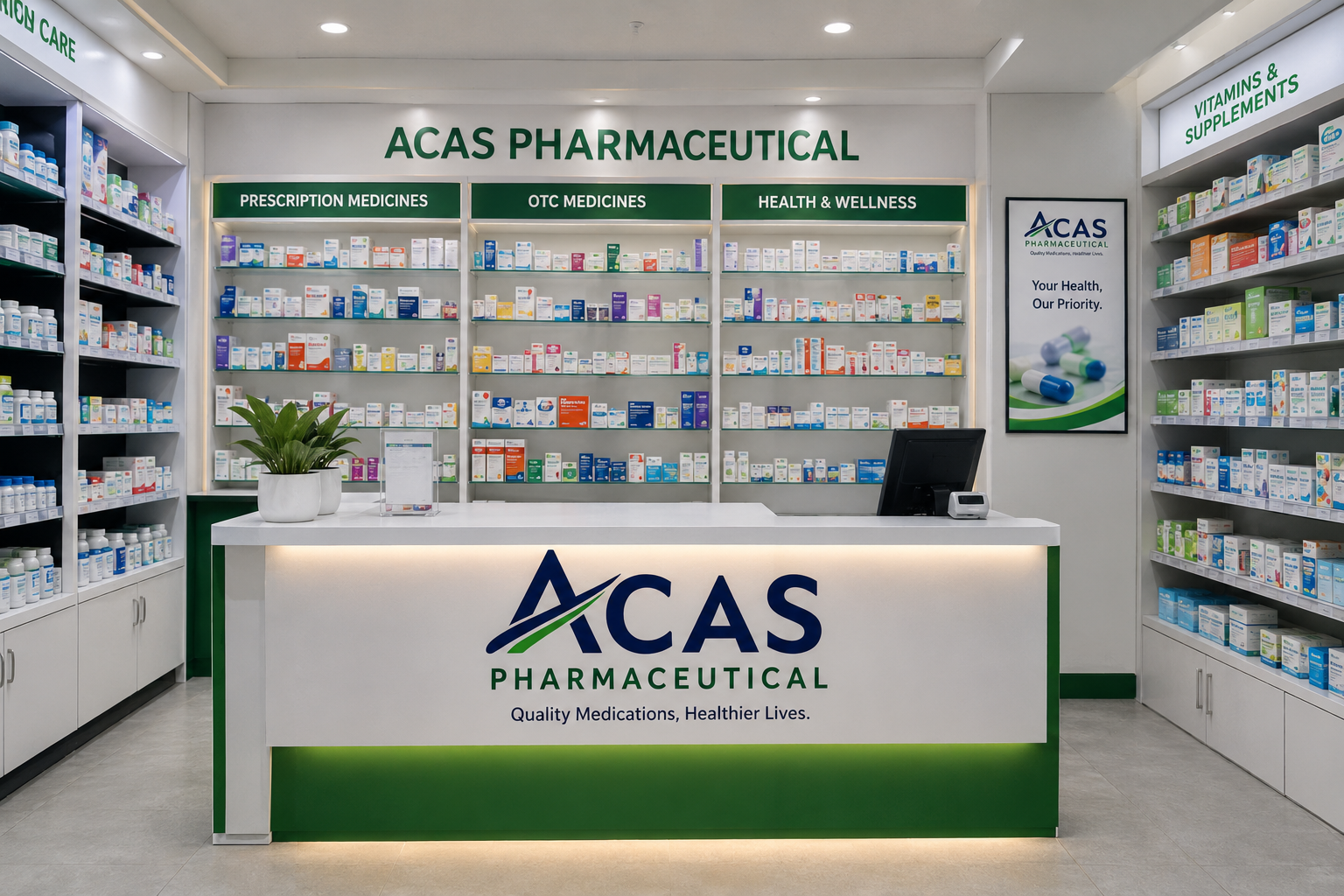 The interior of an ACAS Pharmaceutical store, with shelves of prescription medicines, over-the-counter remedies, vitamins and health products framing a branded service counter