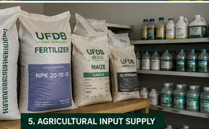 Agricultural input supply — UFDB-branded fertilizer, seed and crop-protection products on display