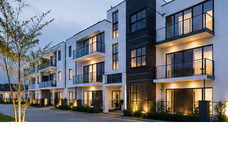 Modern ACAS Homes residential development illuminated at dusk