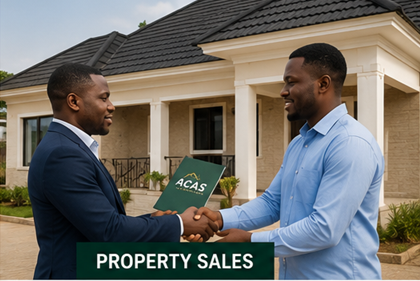 Property sales — an agent handing over an ACAS folder to a happy buyer outside a home